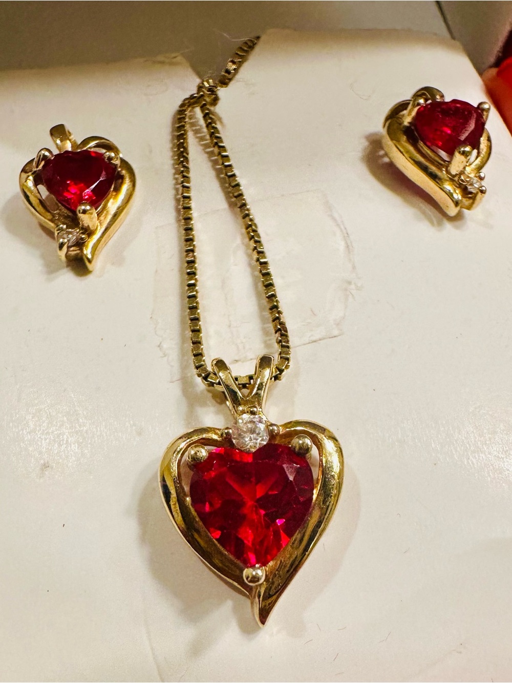 10K Gold Heart Ruby Diamond earrings necklace 10K gold diamond ruby pendant set - Picture 4 of 8